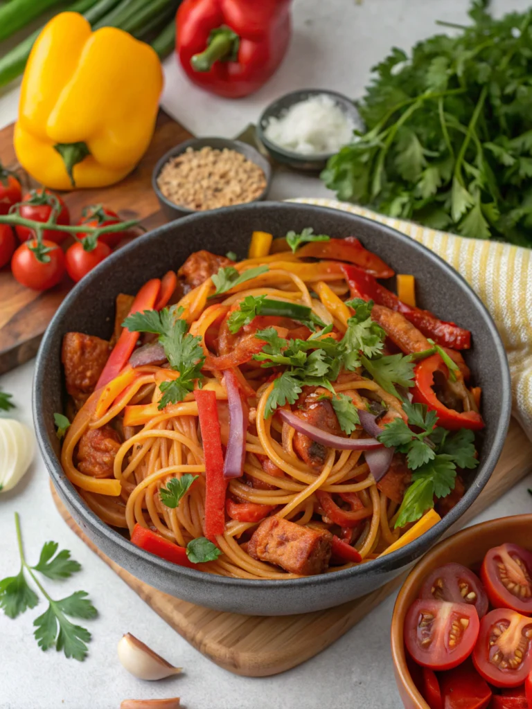 Creamy Rasta Pasta recipe with colorful bell peppers and jerk-seasoned chicken, garnished with herbs.
