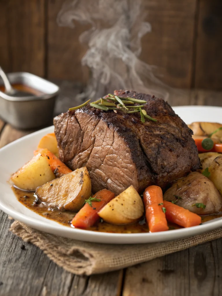 Tender chuck roast recipe with vegetables in a cast iron skillet, surrounded by herbs and gravy.