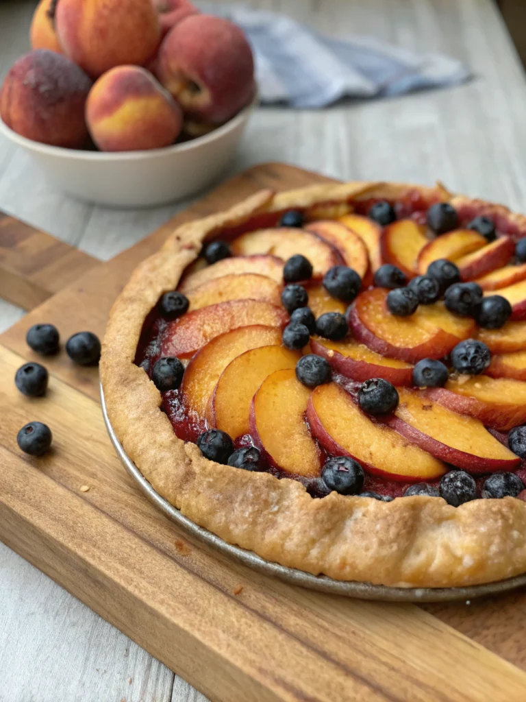Freshly baked peach blueberry pie with golden lattice crust and juicy fruit filling.