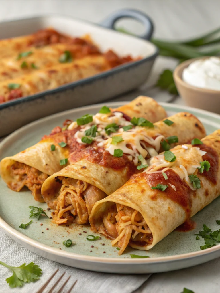 Baked Easy chicken enchiladas Recipe topped with melted cheese and fresh cilantro in a white casserole dish.