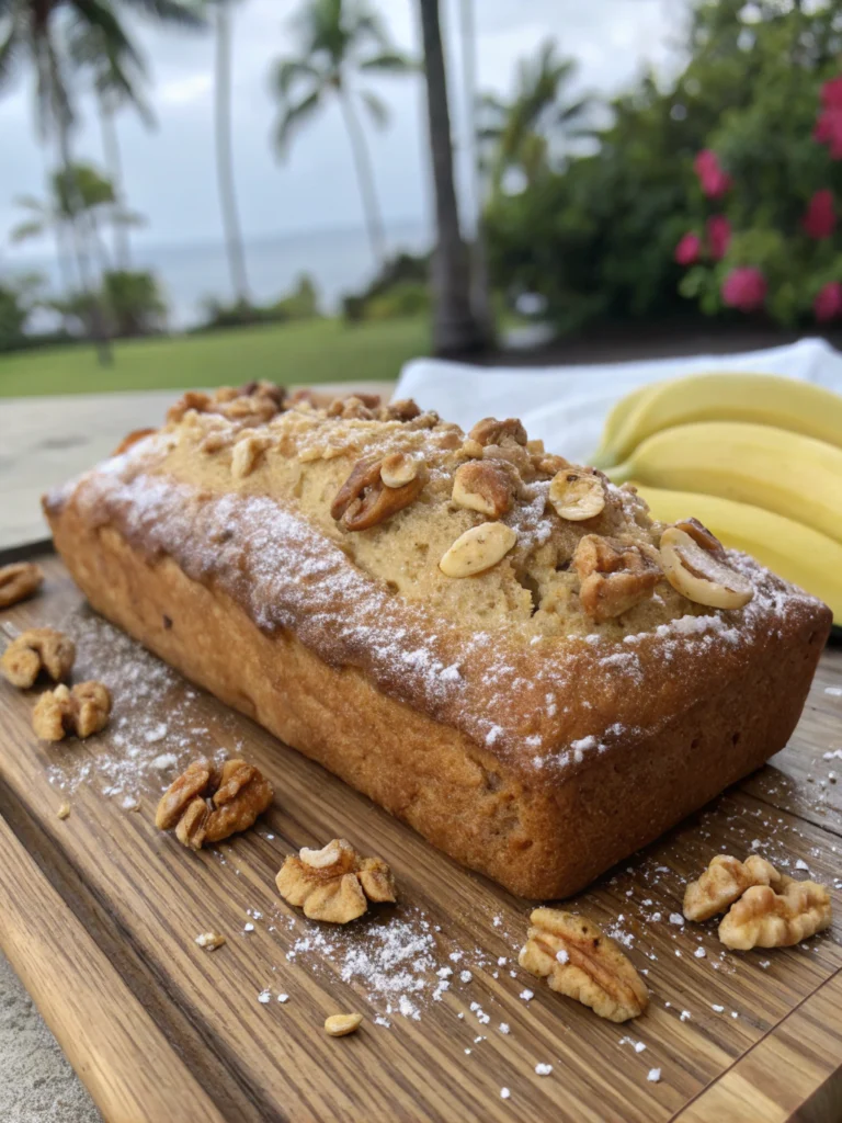 A moist loaf of Hawaiian banana bread recipe topped with shredded coconut and crushed pineapple.