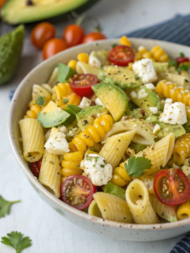 Creamy Elote pasta salad topped with cotija cheese, chili powder, and fresh cilantro.
