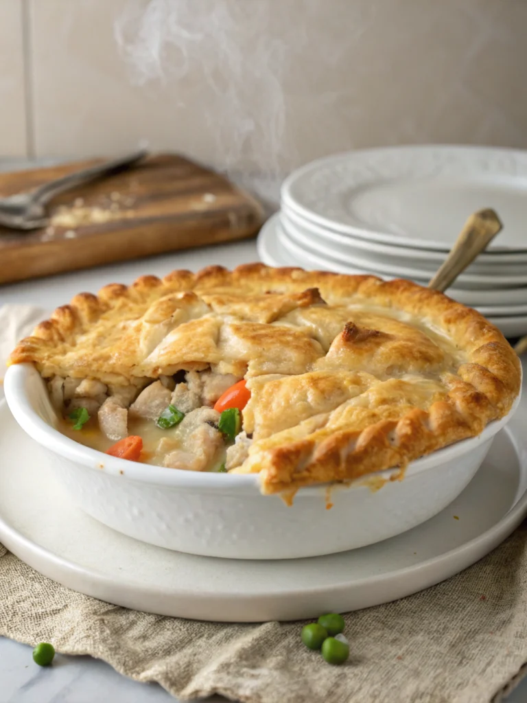 Golden Pillsbury chicken pot pie with flaky crust, filled with creamy chicken and vegetables in a white ceramic dish.