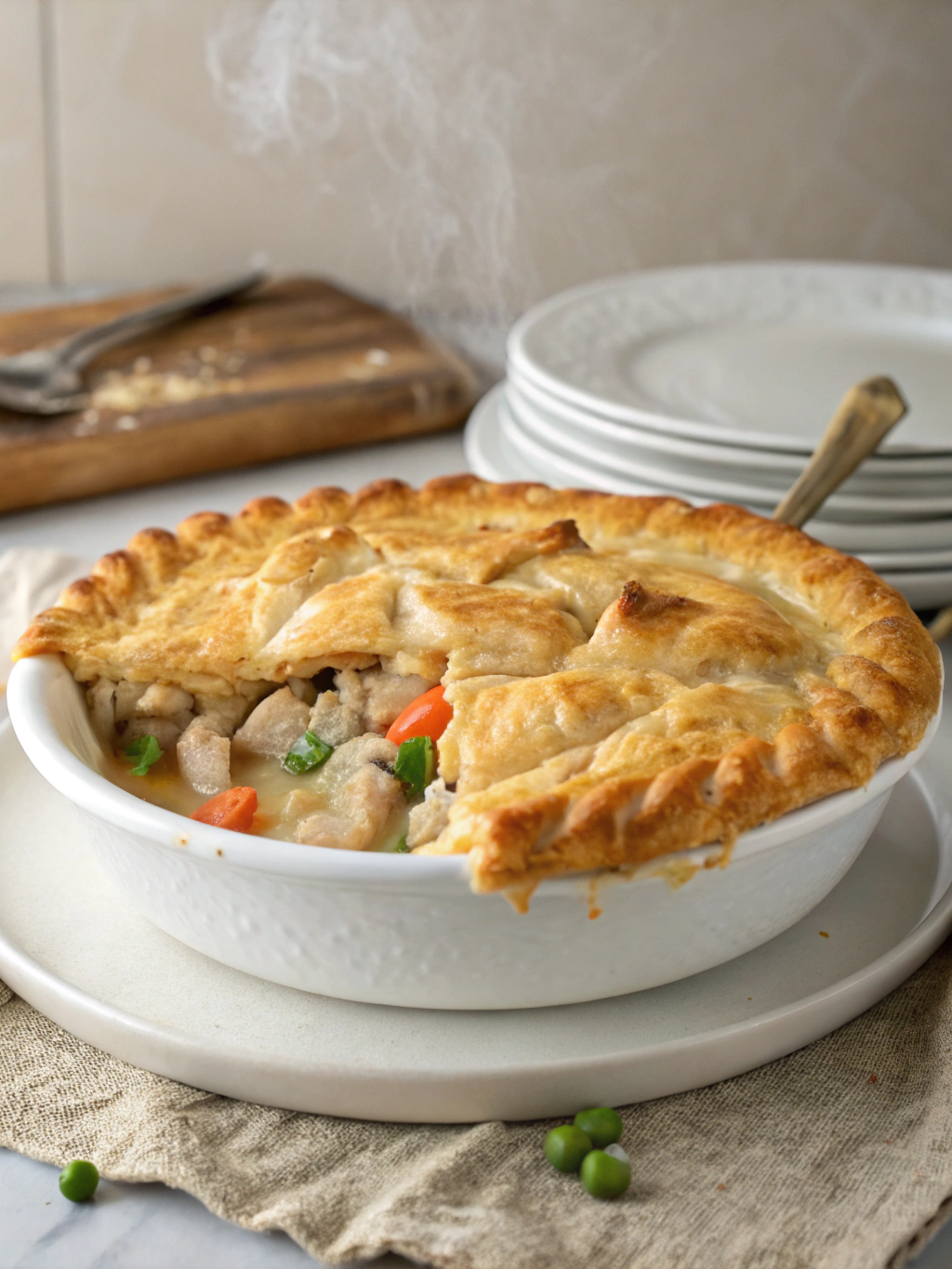 Golden Pillsbury chicken pot pie with flaky crust, filled with creamy chicken and vegetables in a white ceramic dish.