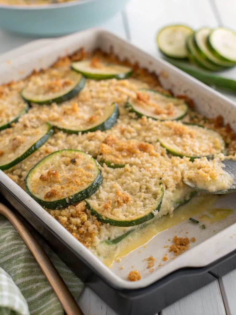 Cheesy zucchini squash casserole topped with golden breadcrumbs in a rustic baking dish.