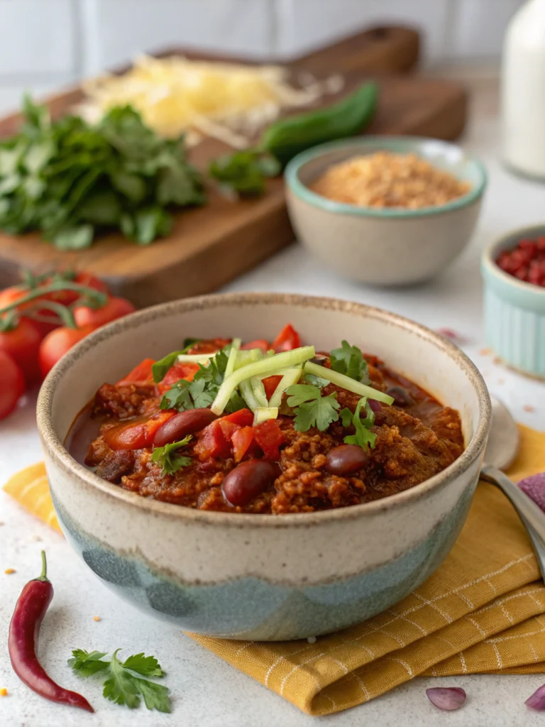 Homemade chili seasoning recipe in a small bowl with scattered spices around it.