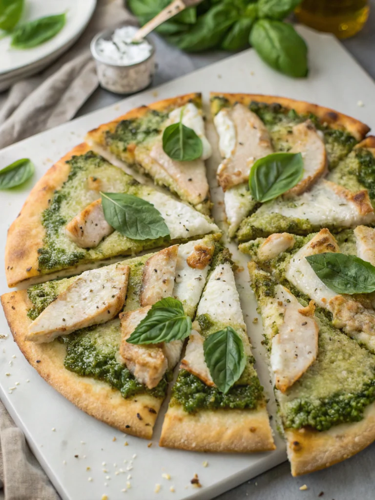 Homemade chicken pesto pizza topped with melted mozzarella, fresh basil, and cherry tomatoes on a golden crust.