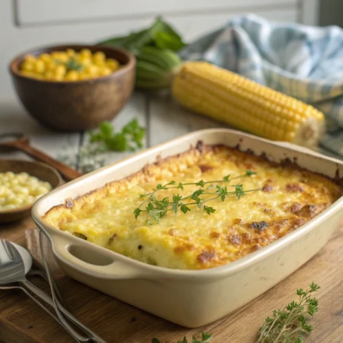 Golden baked corn pudding casserole with creamy texture and crispy edges.