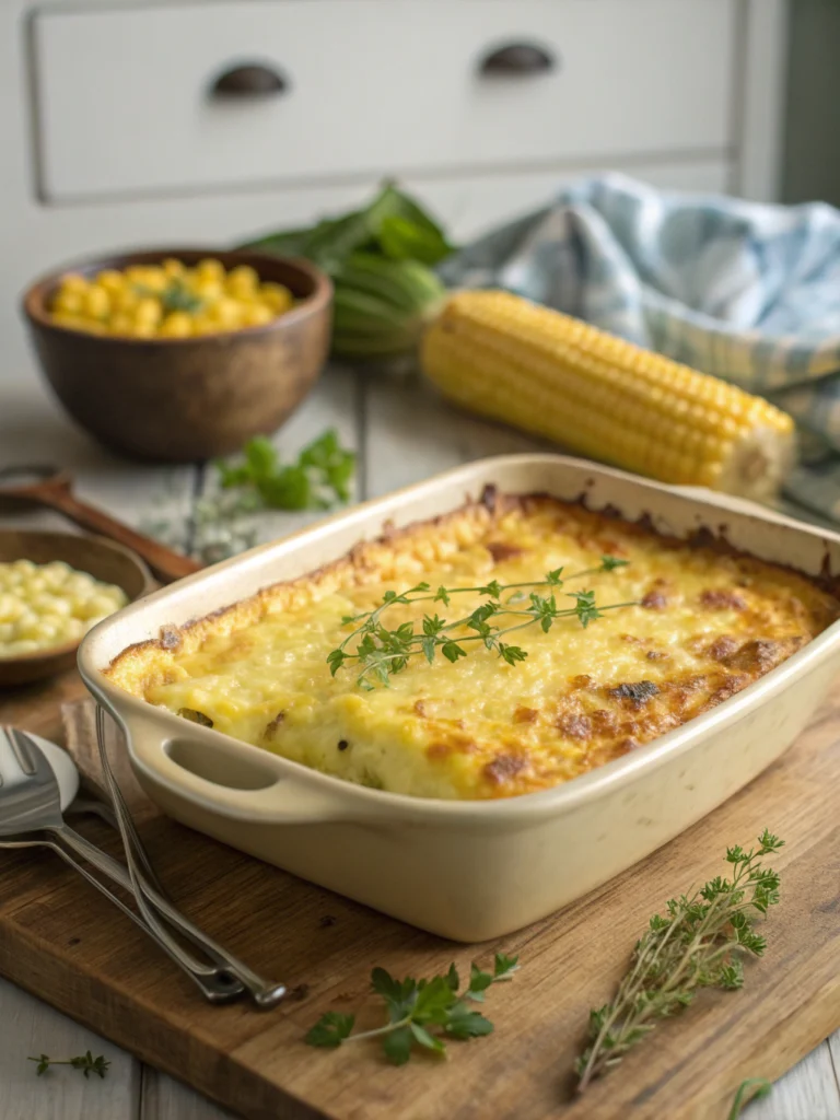 Golden baked corn pudding casserole with creamy texture and crispy edges.