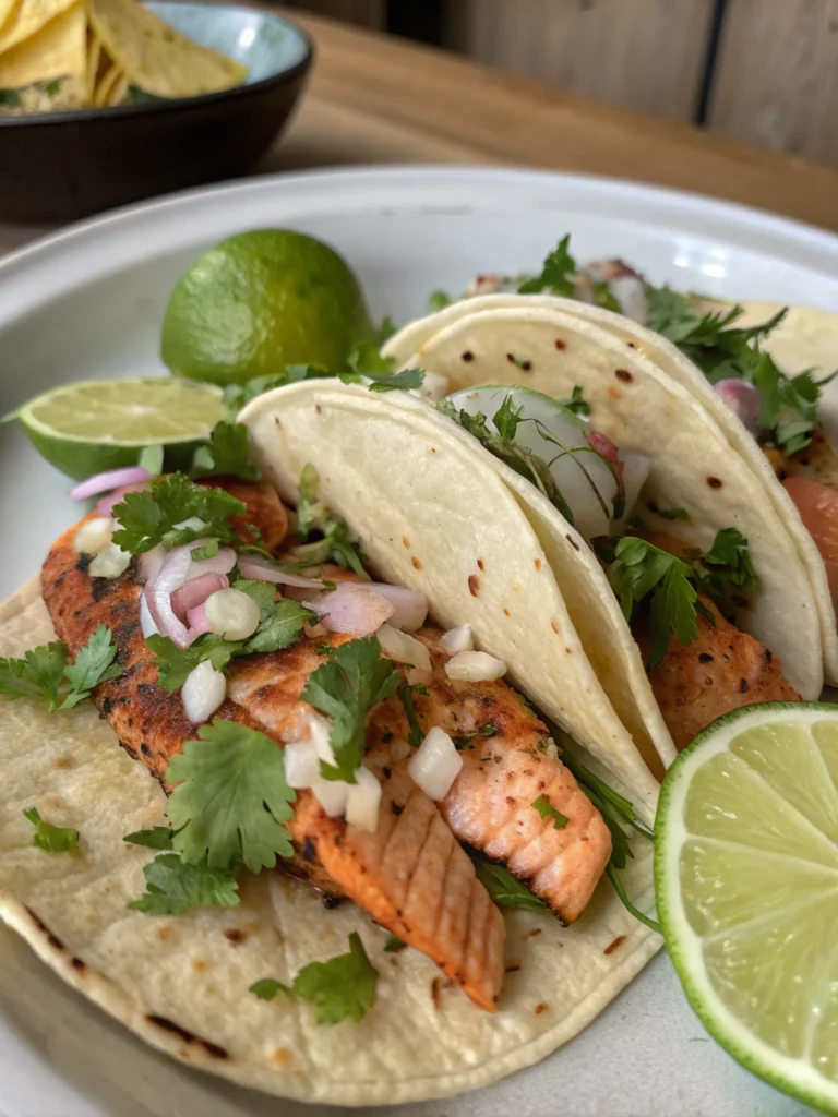 Grilled salmon fish tacos with fresh cabbage slaw, creamy sauce, and lime wedges.