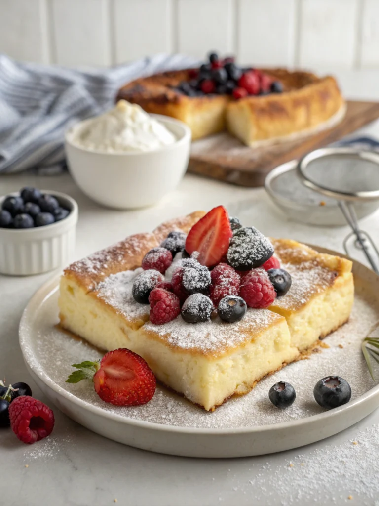 Golden-brown sopapilla cheesecake recipe bars with a cinnamon sugar topping, cut into squares and served on a plate.