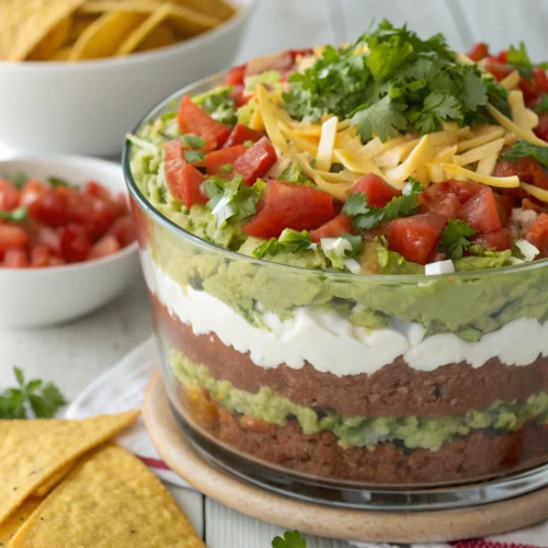 Seven layer taco dip with guacamole, sour cream, salsa, cheese, and fresh toppings in a glass dish
