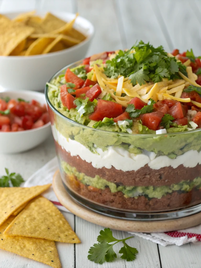 Seven layer taco dip with guacamole, sour cream, salsa, cheese, and fresh toppings in a glass dish