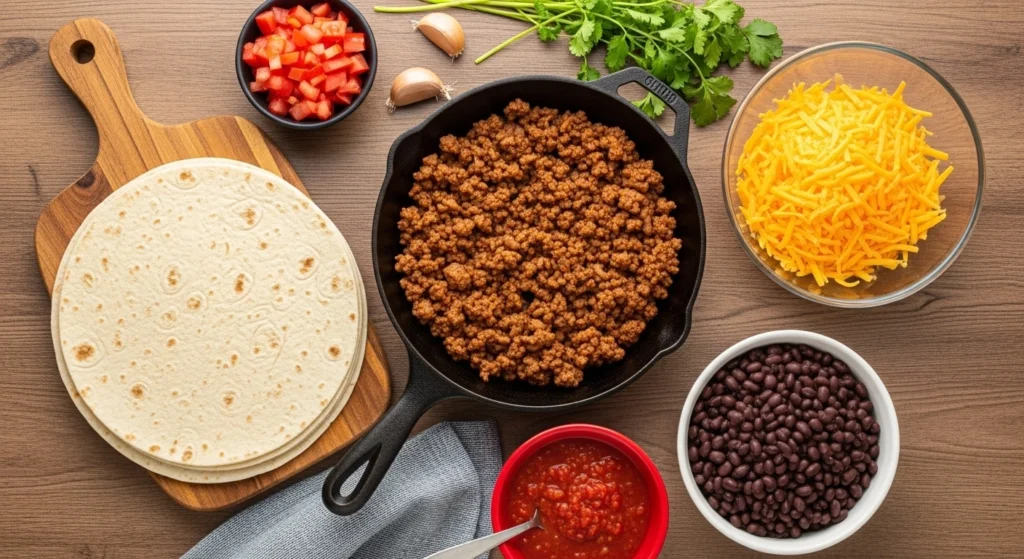 Ingredients for taco lasagna including tortillas, seasoned ground beef, shredded cheddar cheese, black beans, salsa, diced tomatoes, garlic, and fresh cilantro.