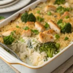 Baked chicken broccoli rice casserole in a creamy sauce, topped with melted cheese and golden brown crust, served in a glass baking dish.
