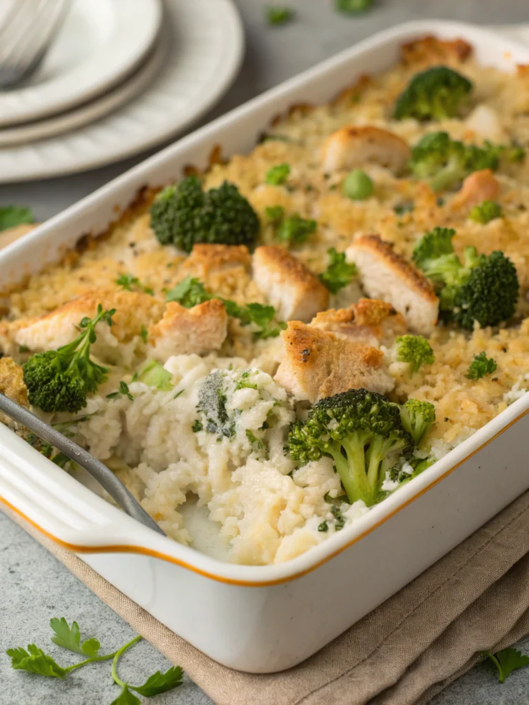 Baked chicken broccoli rice casserole in a creamy sauce, topped with melted cheese and golden brown crust, served in a glass baking dish.