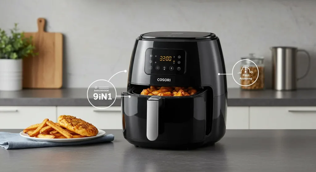 A black COSORI 9-in-1 air fryer on a kitchen counter with golden fries inside the basket, next to a plate of fish and fries.