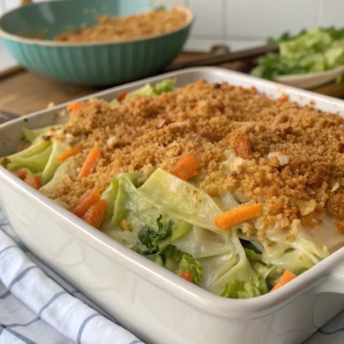 A golden, cheesy cabbage casserole recipe fresh out of the oven, garnished with herbs.