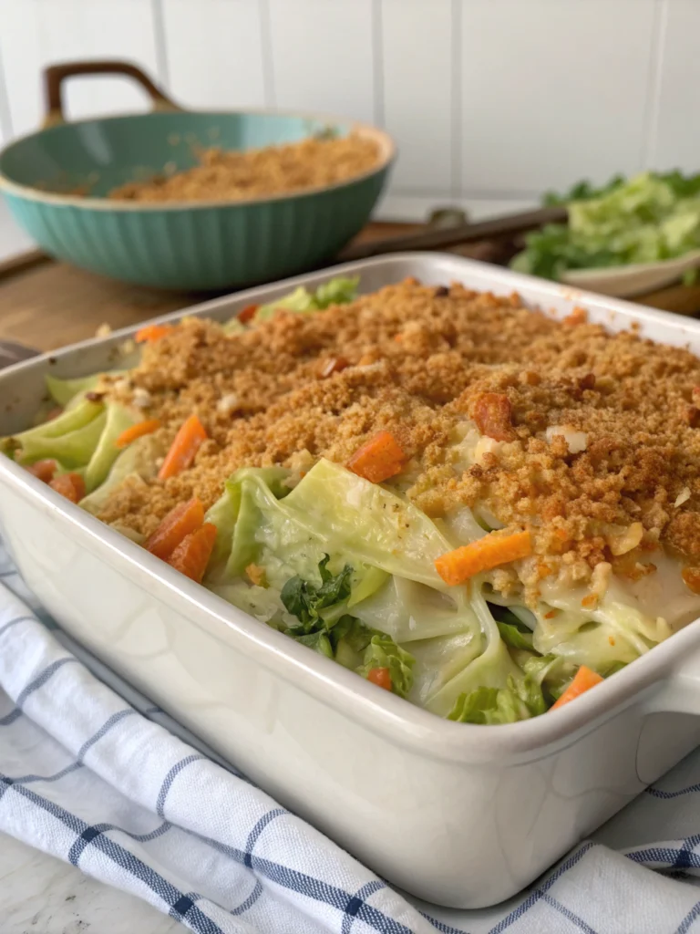 A golden, cheesy cabbage casserole recipe fresh out of the oven, garnished with herbs.