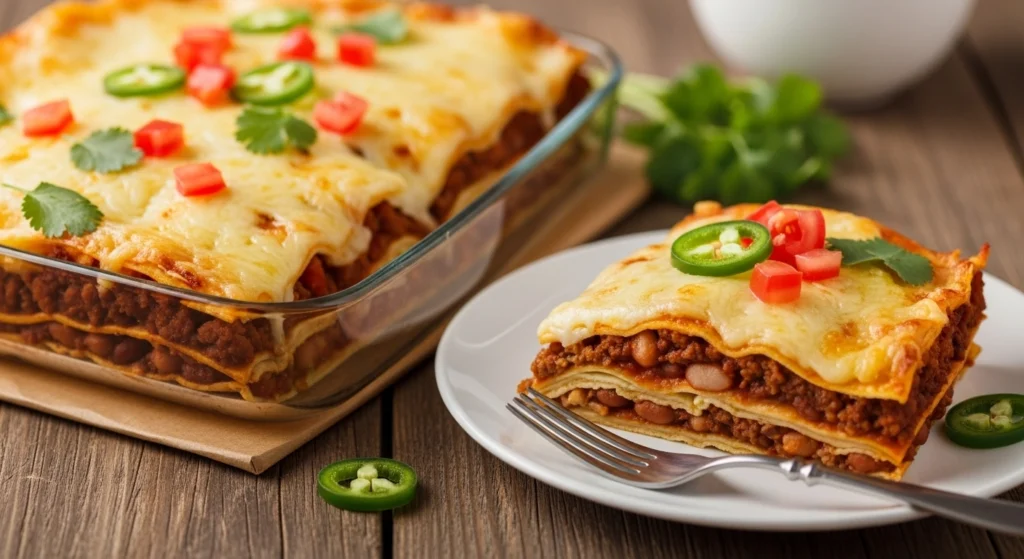 Slice of cheesy taco lasagna with ground beef, beans, and melted cheese, garnished with fresh tomato, jalapeño, and cilantro.