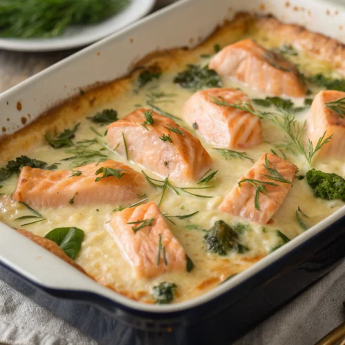 Creamy salmon casserole baked with pasta and cheese in a casserole dish.