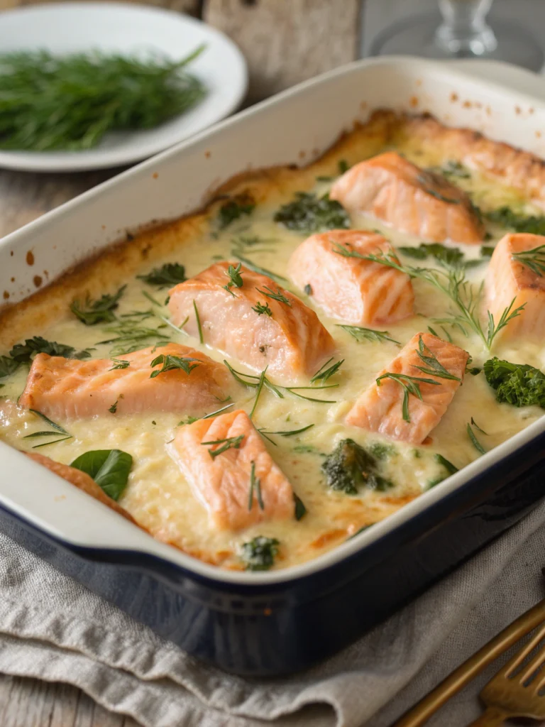 Creamy salmon casserole baked with pasta and cheese in a casserole dish.