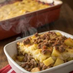 Cheesy hamburger potato casserole baked golden brown in a dish
