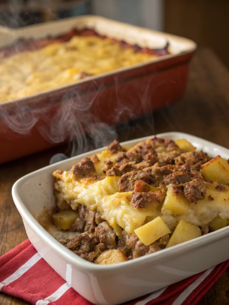 Cheesy hamburger potato casserole baked golden brown in a dish