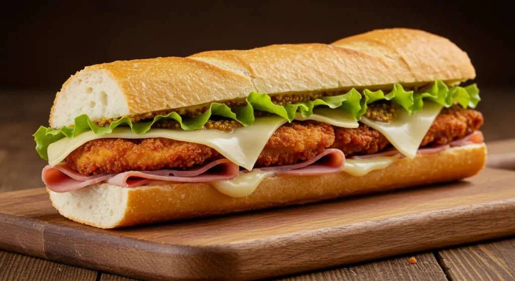 Chicken Cordon Bleu Sandwich with crispy breaded chicken, ham, Swiss cheese, lettuce, and Dijon mustard on a fresh baguette.