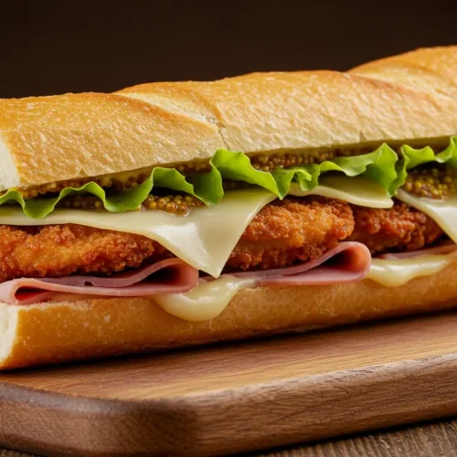 Chicken Cordon Bleu Sandwich with crispy breaded chicken, ham, Swiss cheese, lettuce, and Dijon mustard on a fresh baguette.