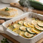 Cheesy zucchini and squash casserole baked with golden topping in a casserole dish