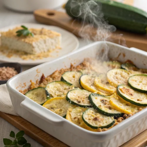 Cheesy zucchini and squash casserole baked with golden topping in a casserole dish