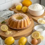 Moist lemon bundt cake with a zesty glaze, freshly baked and served on a cake stand.