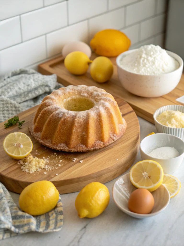 Moist lemon bundt cake with a zesty glaze, freshly baked and served on a cake stand.