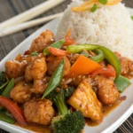 Healthy orange chicken recipe served with steamed broccoli and brown rice in a white bowl, garnished with fresh orange slices and sesame seeds.
