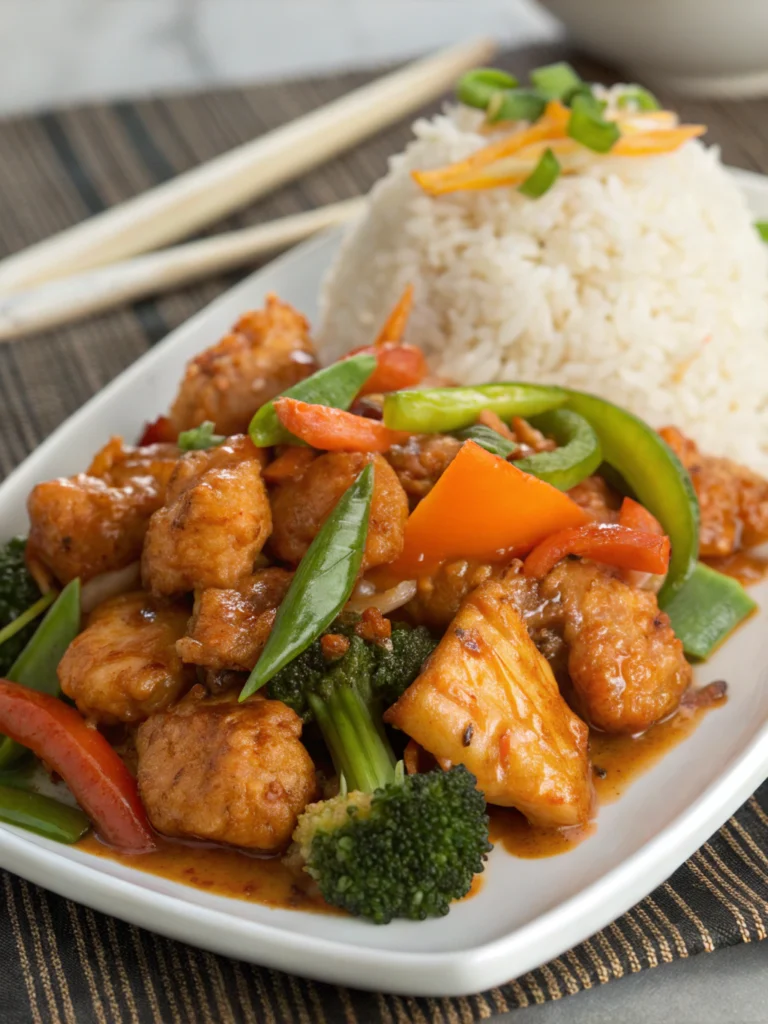 Healthy orange chicken recipe served with steamed broccoli and brown rice in a white bowl, garnished with fresh orange slices and sesame seeds.