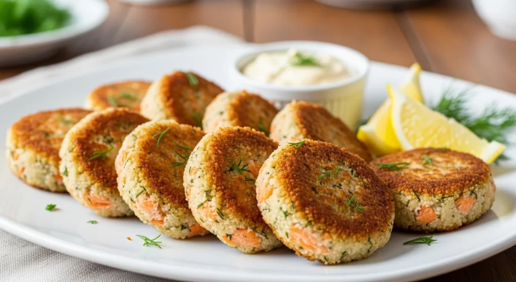 Golden baked salmon patties served on a plate with roasted vegetables, quinoa salad, and mixed greens.