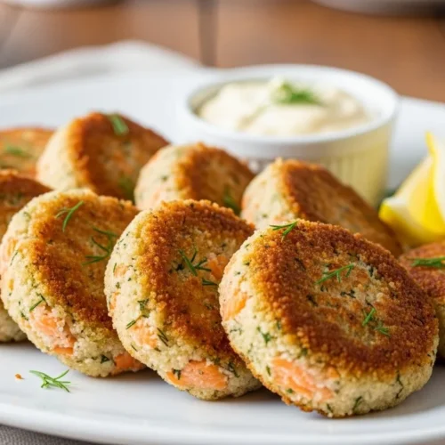 Golden baked salmon patties served on a plate with roasted vegetables, quinoa salad, and mixed greens.