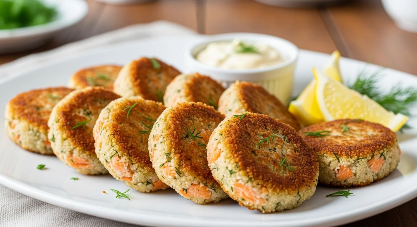 Golden baked salmon patties served on a plate with roasted vegetables, quinoa salad, and mixed greens.