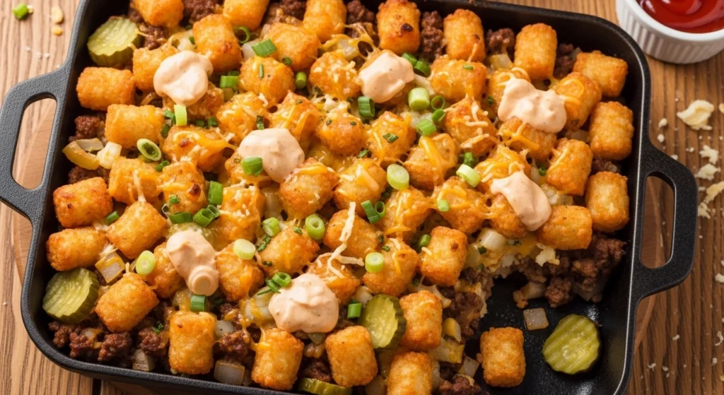 Cheeseburger Tater Tot Casserole topped with melted cheddar cheese, crispy tater tots, and ground beef in a creamy sauce baked to perfection.