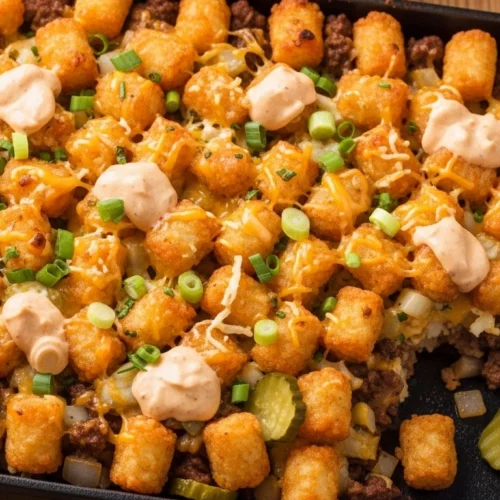 Cheeseburger Tater Tot Casserole topped with melted cheddar cheese, crispy tater tots, and ground beef in a creamy sauce baked to perfection.