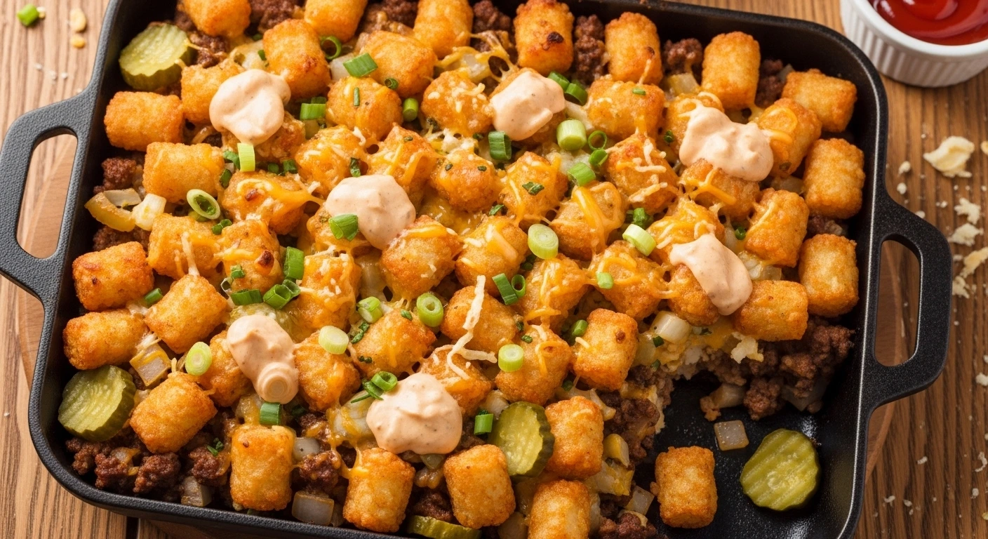 Cheeseburger Tater Tot Casserole topped with melted cheddar cheese, crispy tater tots, and ground beef in a creamy sauce baked to perfection.