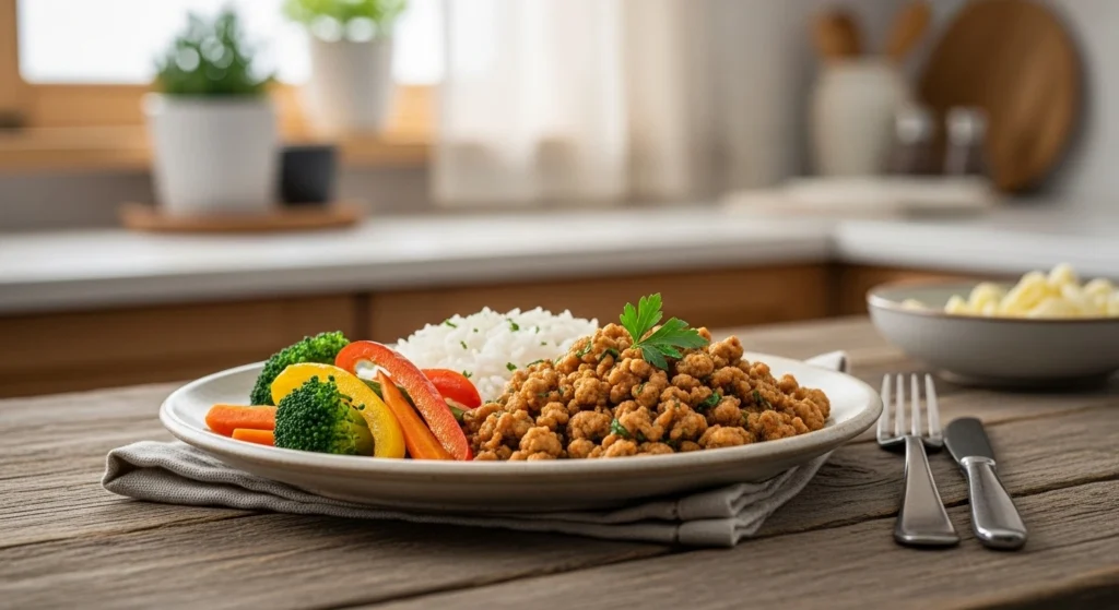 A close-up of a delicious ground chicken recipes dish served in a rustic bowl, garnished with fresh herbs and colorful vegetables, with steam rising and natural daylight highlighting the textures.