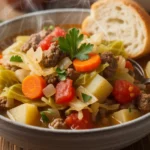 A hearty bowl of hamburger cabbage soup with ground beef, carrots, potatoes, and cabbage served with slices of bread.