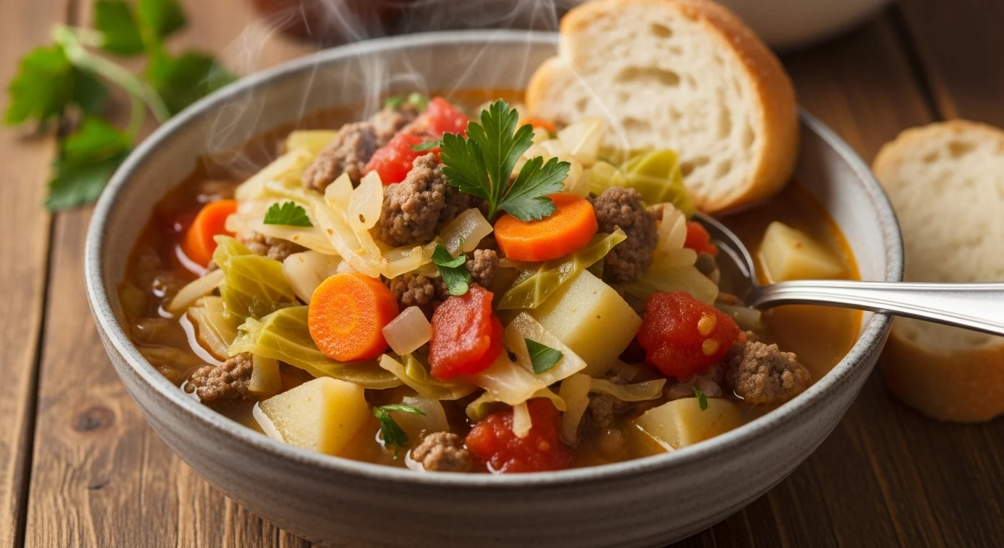 A hearty bowl of hamburger cabbage soup with ground beef, carrots, potatoes, and cabbage served with slices of bread.