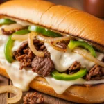 Delicious Philly Cheesesteak sandwich with melted cheese, steak, onions, and peppers in a hoagie roll.
