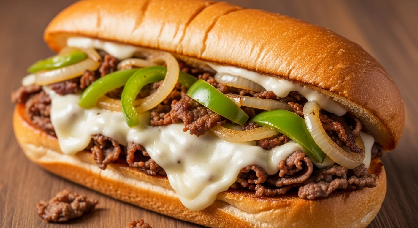 Delicious Philly Cheesesteak sandwich with melted cheese, steak, onions, and peppers in a hoagie roll.