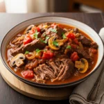 Slow Cooker Swiss Steak with tender beef, onions, peppers, and tomatoes in a rich tomato gravy.