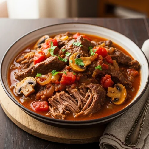 Slow Cooker Swiss Steak with tender beef, onions, peppers, and tomatoes in a rich tomato gravy.