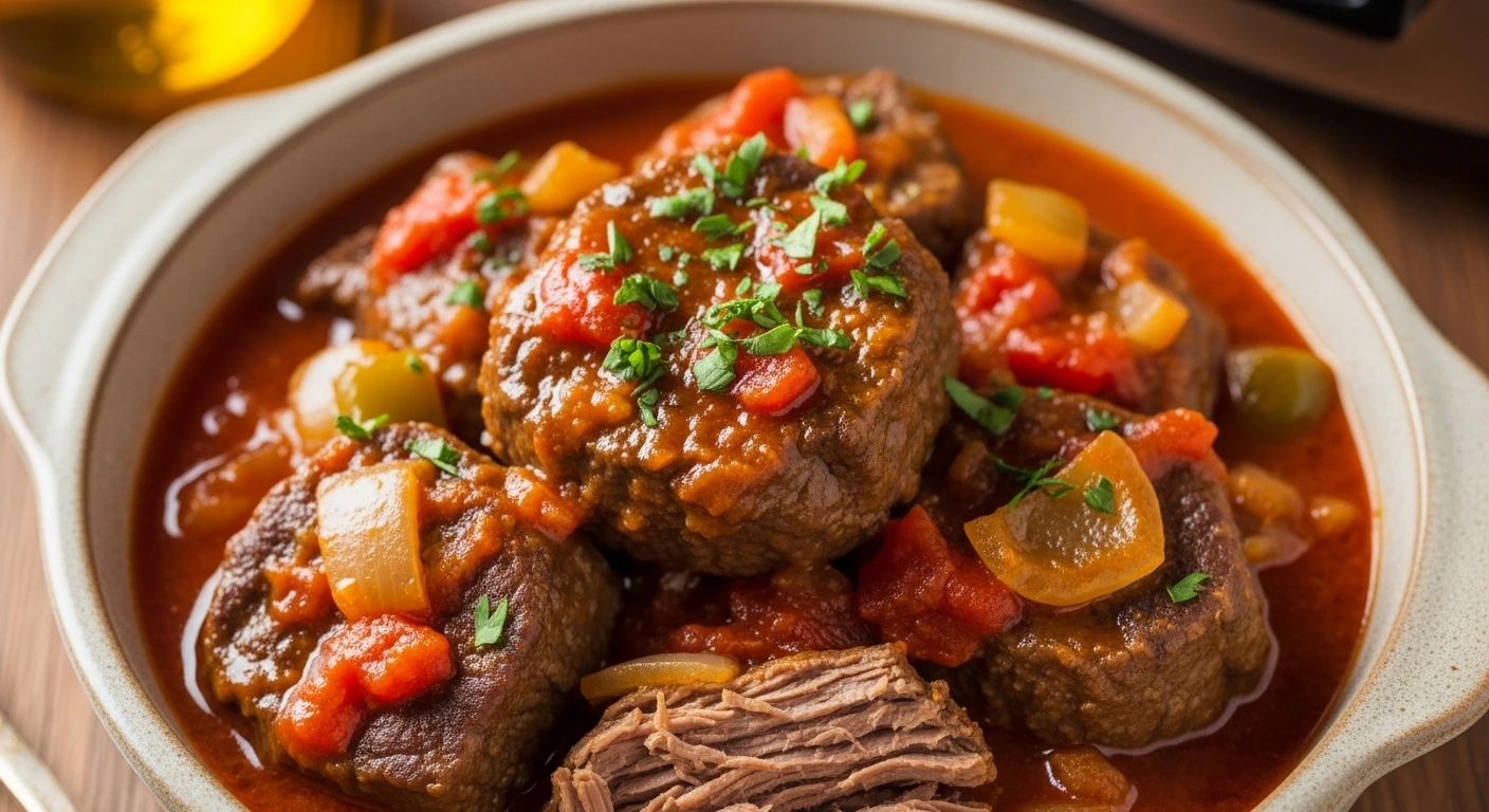 Slow Cooker Swiss Steak with tender beef, onions, peppers, and tomatoes in a rich tomato gravy.
